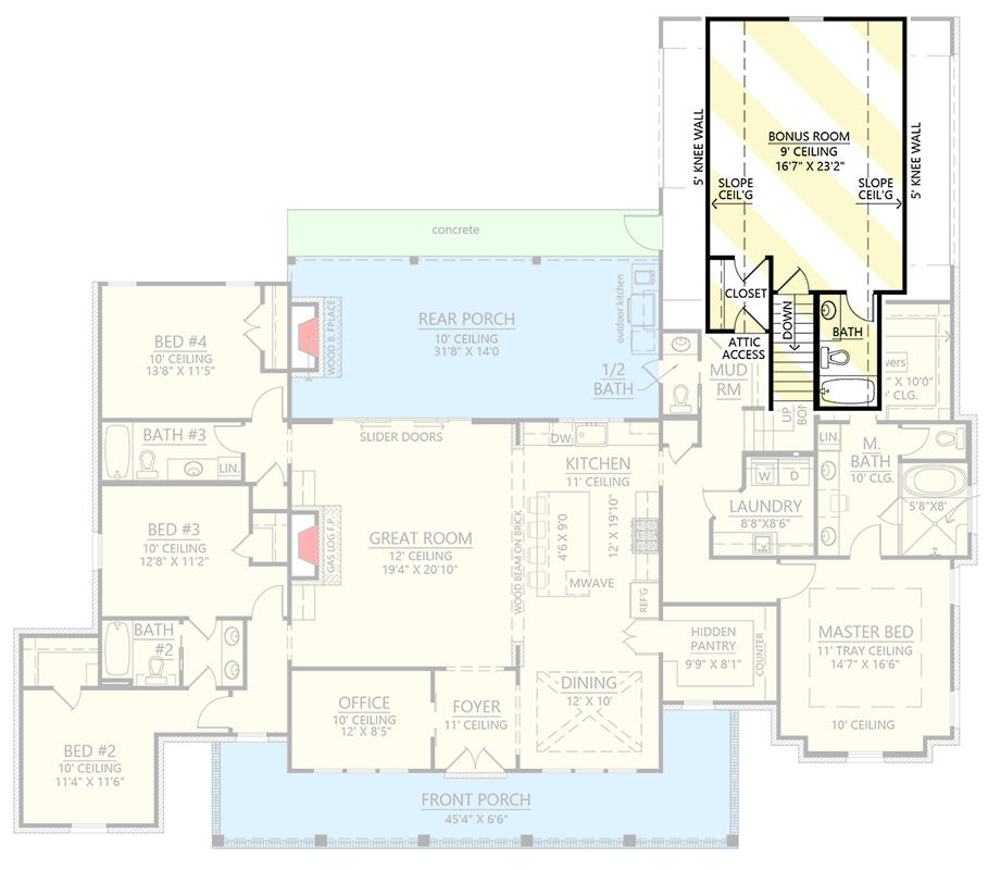 Well-Balanced Acadian Farmhouse-Style 4-Bed House Plan Under 2800 Square Feet - 56527SM floor plan - Bonus Above