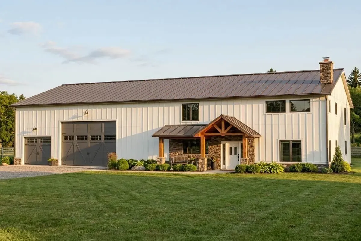 Barndominium with Front-Entry Garage and 2-Story Great Room