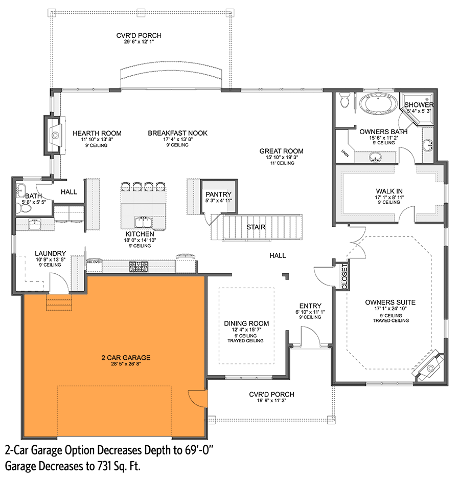 Plan 61395UT: Exclusive Transitional Two-story Home Plan with Main-level Owner's Suite - Floor Plan - 2-Car Front Garage Option (+$300) - Craftsman, Mountain, Northwest