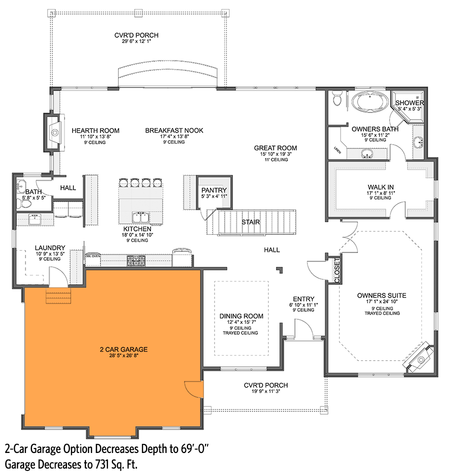 Plan 61395UT: Exclusive Transitional Two-story Home Plan with Main-level Owner's Suite - Floor Plan - 2-Car Side Garage Option (+$300) - Craftsman, Mountain, Northwest