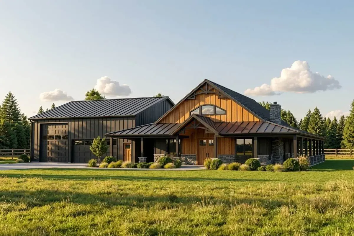 2000 Square Foot Farmhouse-Inspired Barndominium-Style House Plan with Wraparound Porch
