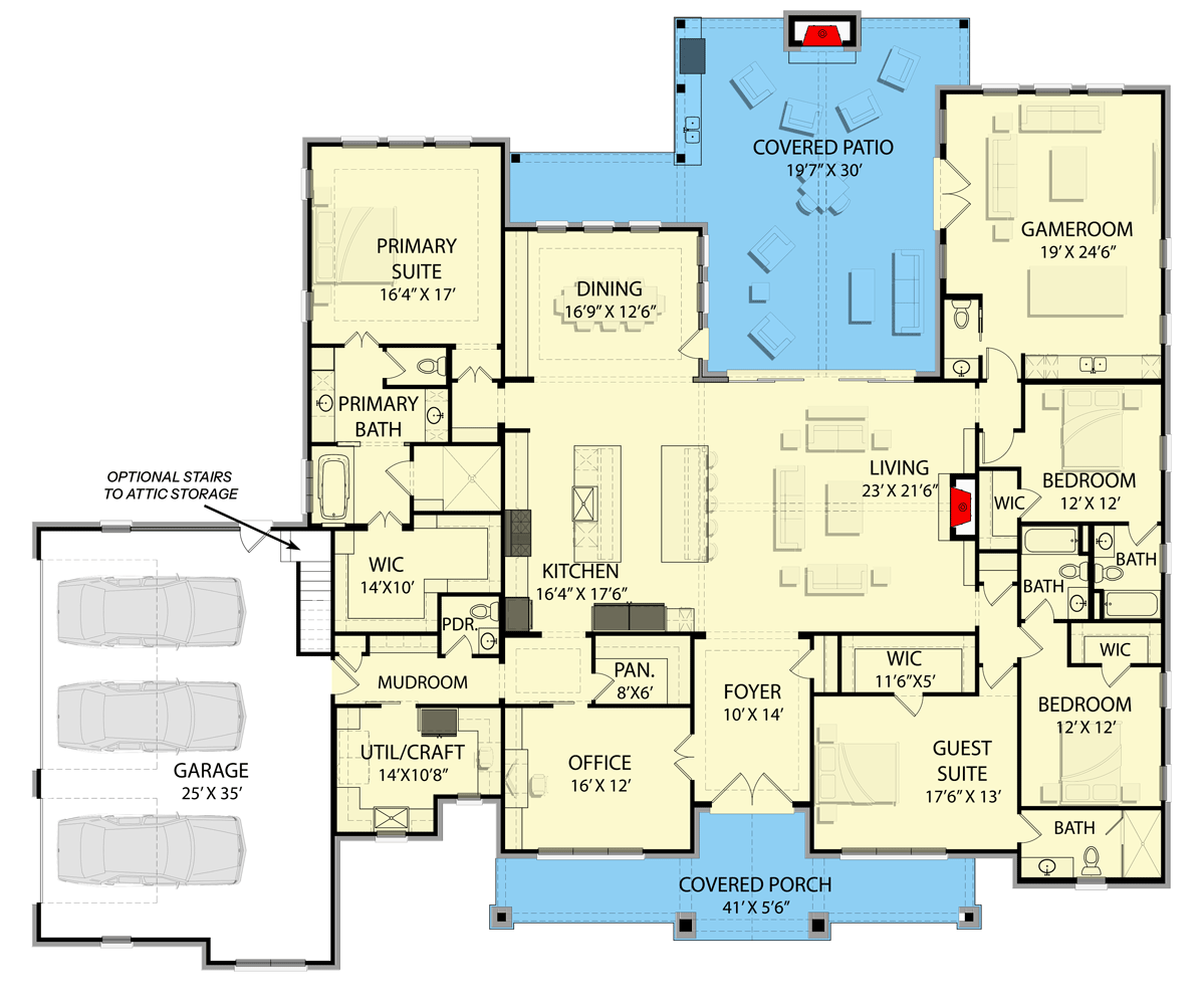 Plan 25428TF: Expanded One-Level New American Craftsman House Plan with Home Office and Game Room - Floor Plan - Main Level - Craftsman, Modern Farmhouse, New American