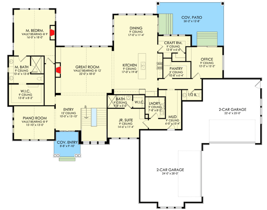 Plan 490089NAH: One-Story New American House Plan Under 3300 Square Feet with Lower Level Expansion - Floor Plan - Main Level - Craftsman, New American, Ranch