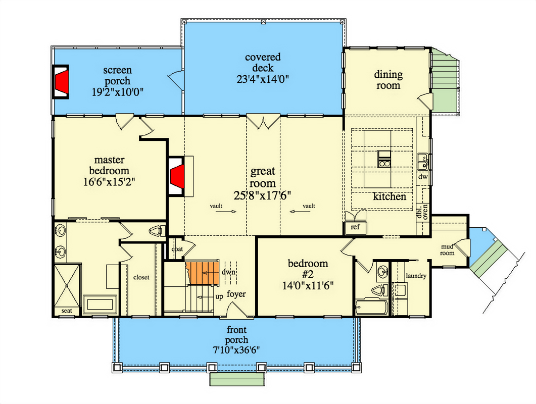 Farm-Style House Plan Designed for Rear View Lots with Open Breezeway and a 2-Car Garage - 29902RL floor plan - Main Level