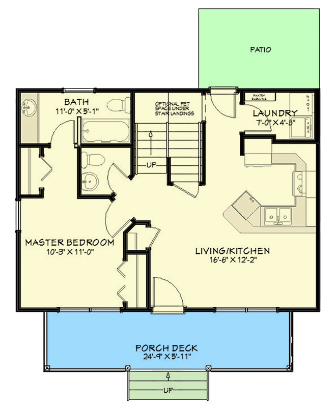 Plan 430830SNG: 1100 Square Foot Country Home Plan with Optional Pet Space Under Stairs - Floor Plan - Main Level - Cottage, Traditional