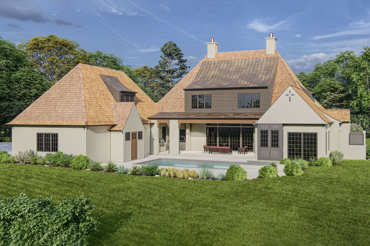 Contemporary European Home Plan with Outdoor Shower and Rear Garage ...
