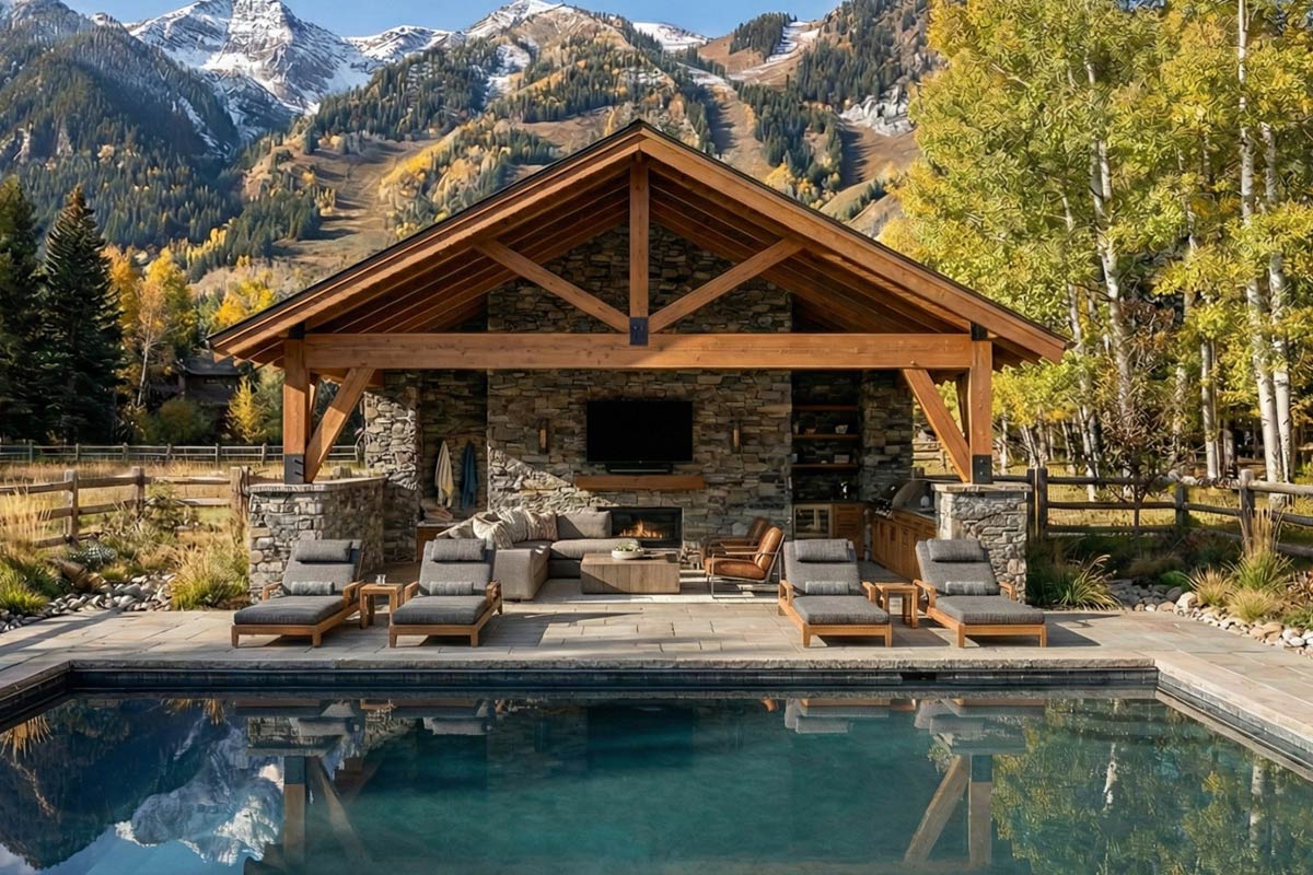 Plan 623205DJ: Rustic Pool House with Large Covered Patio and Outdoor ...
