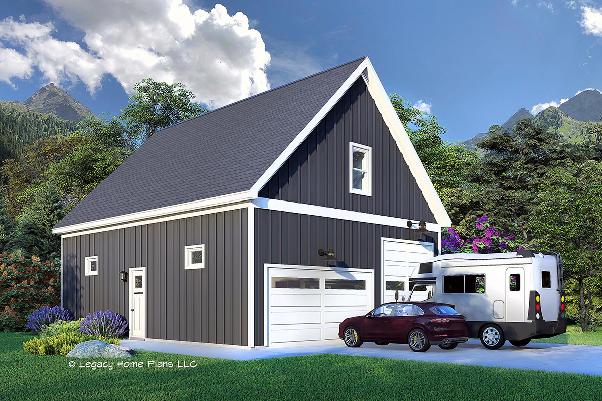 Plan 680107VR: Classic 4-Car Lift-Friendly RV Garage with Flex Space Above