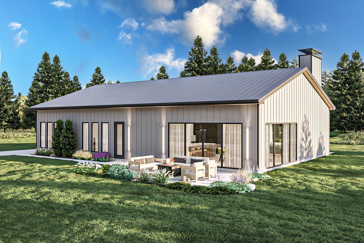Rectangular Barndominium Plan 623236DJ: 3-Bedroom Barndominium-Style House Plan with Home Office