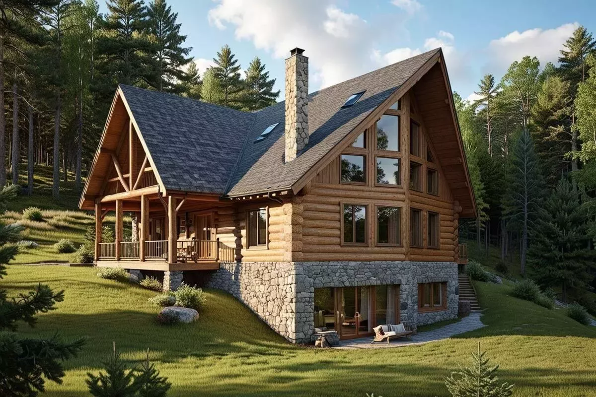 Rustic Mountain Log Cabin House Plan with Walkout Basement and Two-Story Great Room