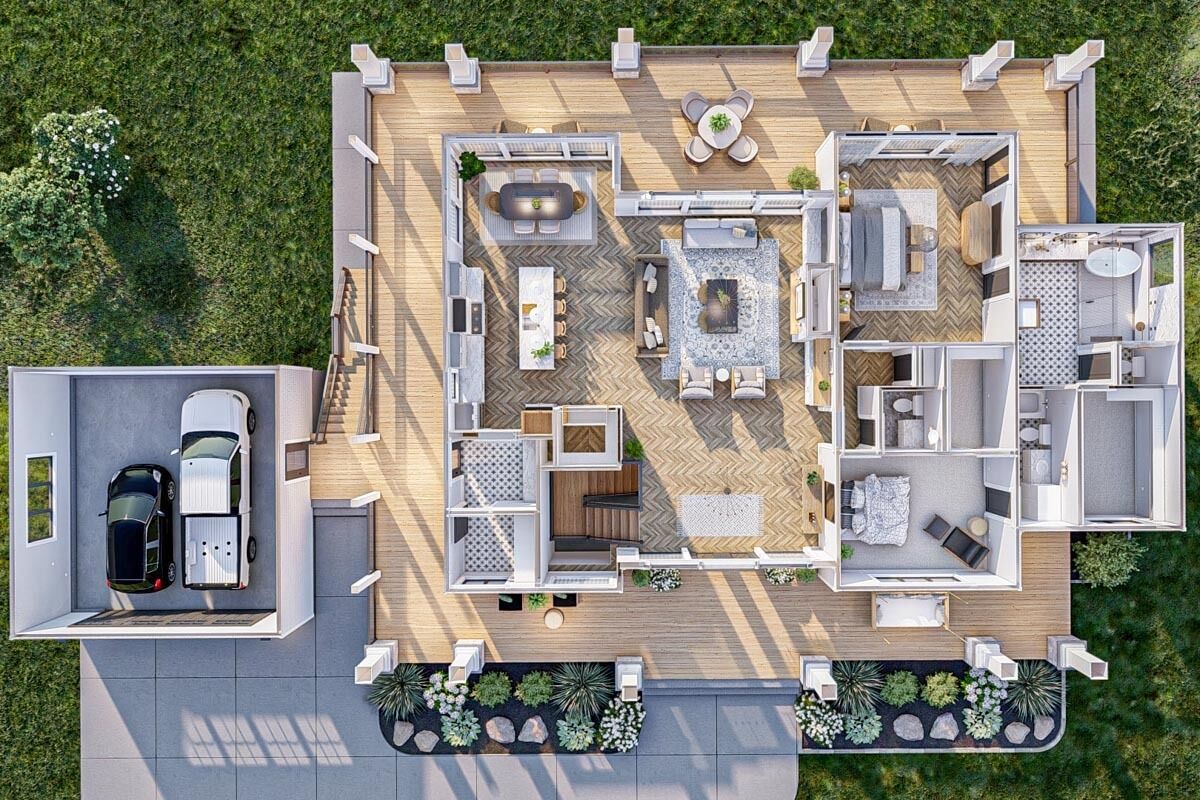 2146 Square Foot 2-Bed Lake House Plan with Wraparound Deck and Vaulted ...