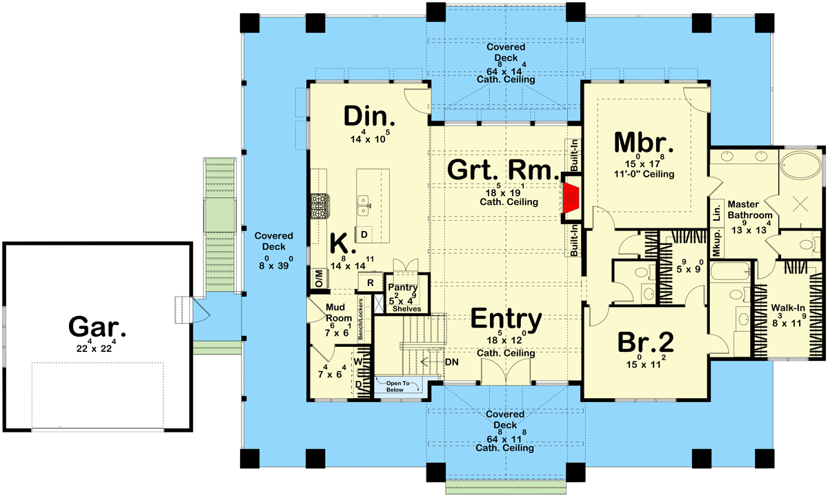 Plan 623249DJ: 2146 Square Foot 2-Bed Lake House Plan with Wraparound Deck and Vaulted Open Floor Plan - Floor Plan - Main Level - Country, Craftsman, Mountain, New American, Ranch