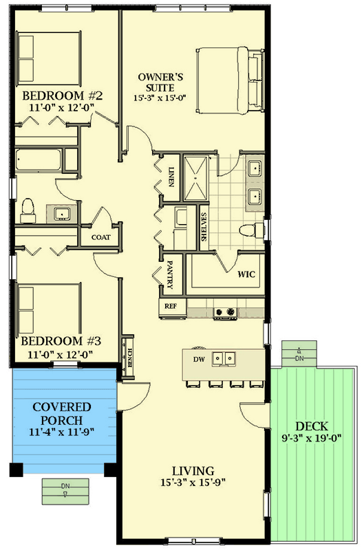 Plan 46488LA: 1373 Square Foot 3 Bed Cottage House Plan - Floor Plan - Main Level - Cottage, Country, Traditional