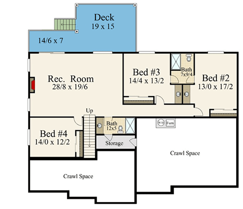 Plan 85413MS: Modern Prairie-Style House Plan for the Rear Sloping Lot with 2-Level Rear Deck - Floor Plan - Lower Level - Craftsman, Northwest, Prairie, Ranch