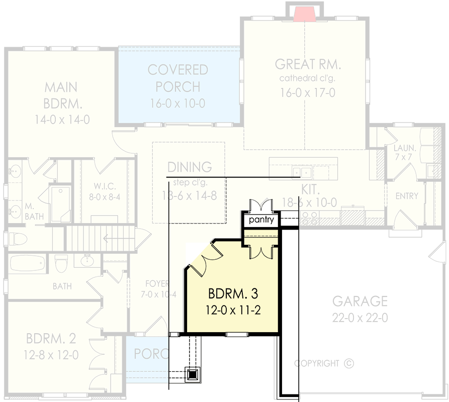 Plan 790147GLV: 1863 Square Foot One-Story House Plan with Third Bedroom or Study Option - Floor Plan - Optional Main Level Layout - Ranch, Traditional