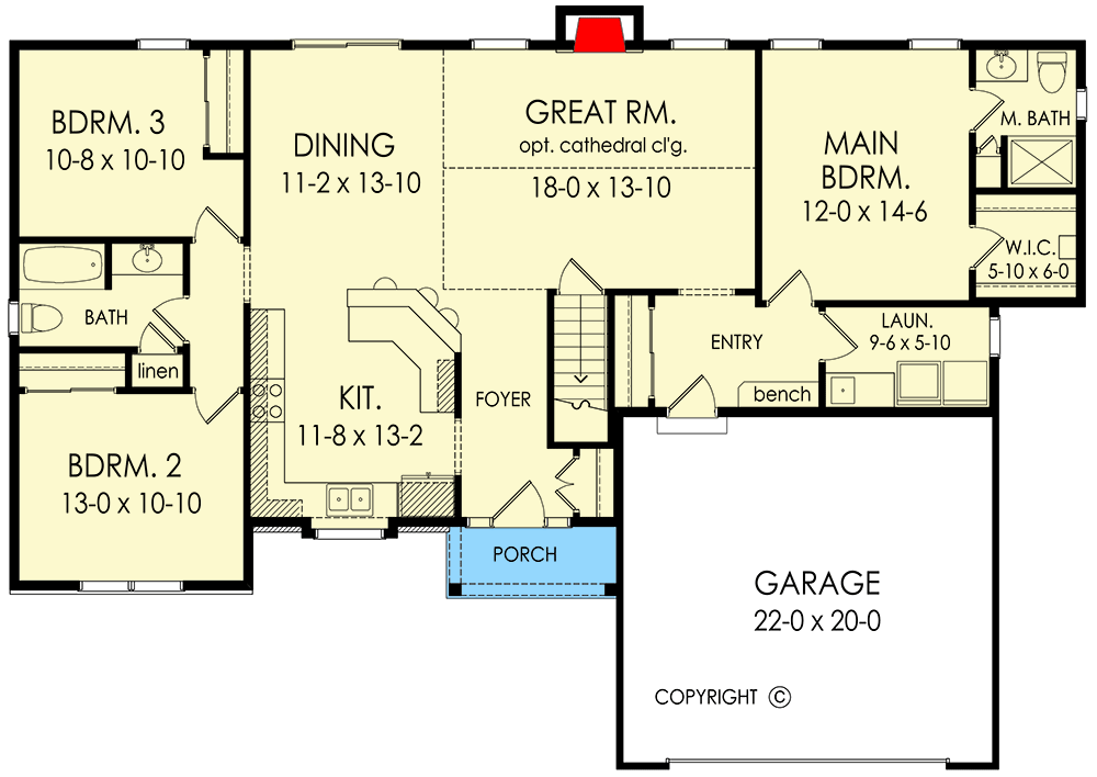 Plan 790150GLV: 1588 Square Foot 3-Bed House Plan with 2-Car Garage - Floor Plan - Main Level - Ranch, Traditional