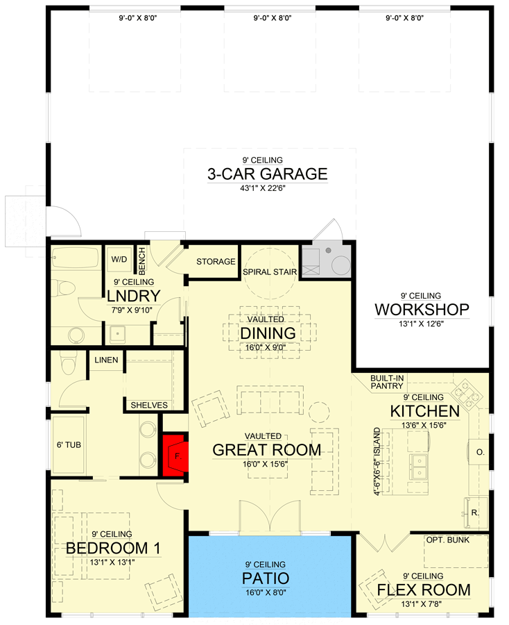 Plan 365042PED: 1499 New American Home Plan with Loft and Workshop - Floor Plan - Main Level - Country, Craftsman, New American, Southern