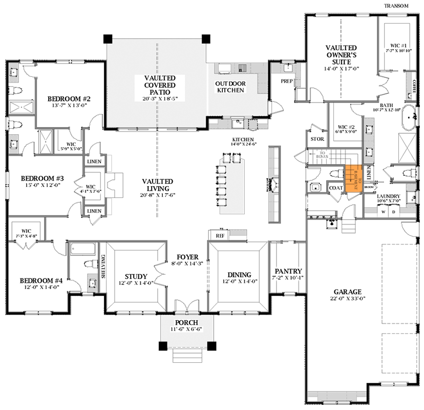 Plan 46494LA: Transitional Country House Plan with Study and Private Owner's Suite - 3637 Sq Ft - Floor Plan - Main Level - Basement Stairs Location - Country, New American, Transitional