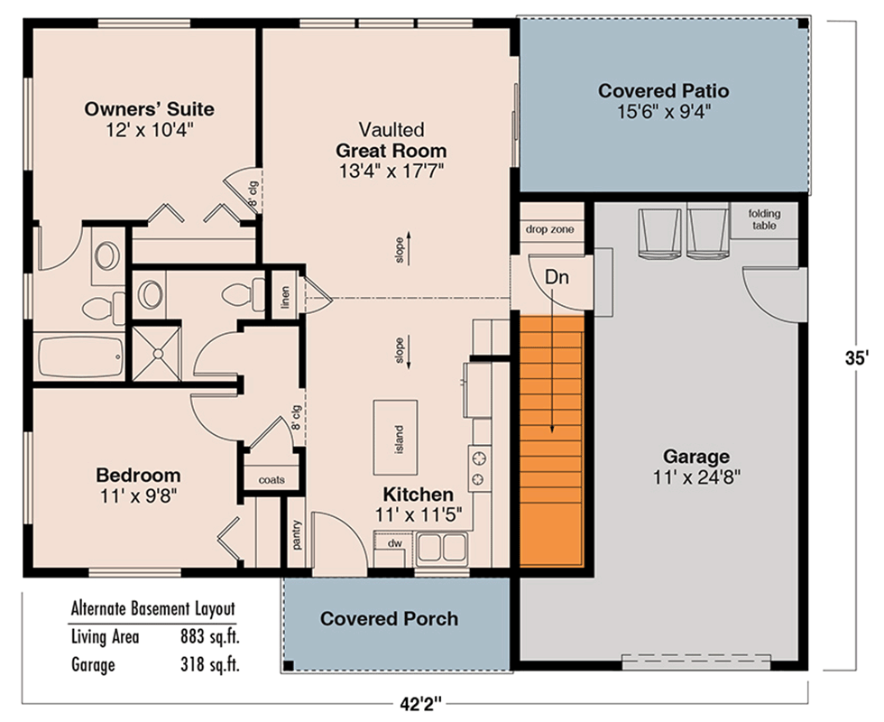 Plan 72390DA: Single-Story Home Plan with an Oversized 1-Car Garage - Floor Plan - Main Level - Basement Stairs Location - Prairie, Ranch, Traditional