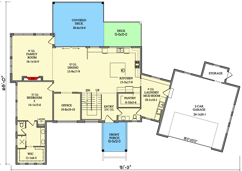 Plan 95226RW: 4 Bed Modern House Plan with Home Office and Secret Ladder in Bed 2 - Floor Plan - Main Level - Contemporary, Mid Century Modern, Modern