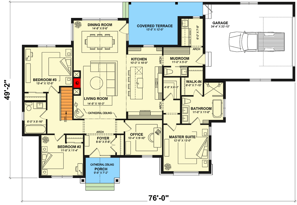 Plan 22666DR: One-Story Transitional-Style Ranch Home Plan with 3 Beds Under 2000 Square Feet - Floor Plan - Main Level - Contemporary, European, Ranch, Transitional