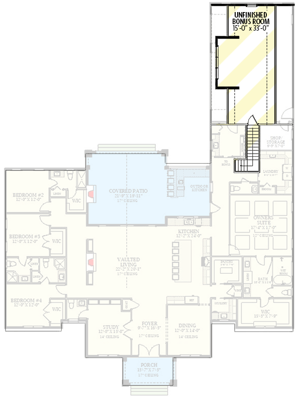 Plan 46507LA: Transitional Style Home Plan with Two Story Great Room and Bonus Room - 3607 Sq Ft - Floor Plan - Optionally Finished Bonus Room - Country, European, Modern Farmhouse, New American, Southern, Transitional
