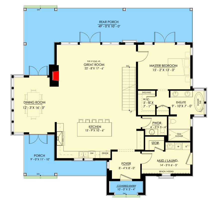 Plan 270083AF: 5-Bed Shingle Style House Plan with Two Laundry Rooms and Lower Level Expansion - Floor Plan - Main Level - Country, Farmhouse, Shingle