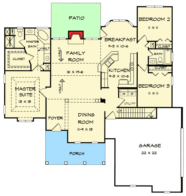 Plan 36015DK: Traditional 3 Bedroom House Plan with Bonus Room Above 2-Car Garage - 1763 Sq Ft - Floor Plan - Main Level - Country, New American, Northwest, Traditional