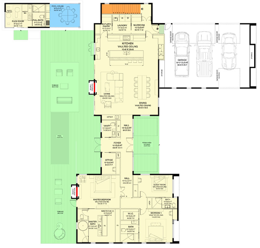 One-Story House Plan with Pool House and Optional Wine Cellar - 2765 Sq ...
