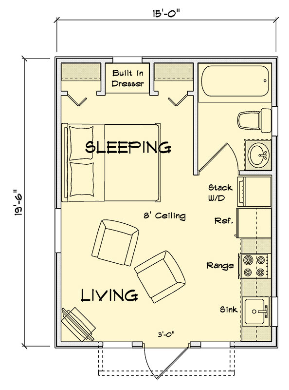 Plan 52344WM: ADU Cottage with Tidy Open Space - 292 Sq Ft - Floor Plan - Main Level - Cabin, Cottage, Traditional