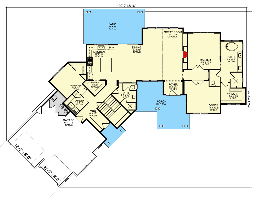 Plan 580075DFT: Mountain Craftsman House Plan with 5 Beds and an Angled Garage - 3702 Sq Ft - Floor Plan - Main Level - Craftsman, Mountain