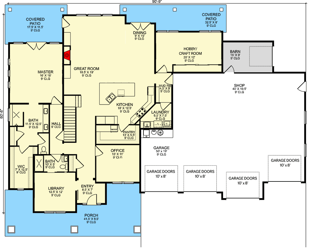 Plan 580082DFT: 2-Story New American Home Plan with 4 Beds and Oversized Garage 4569 Sq Ft - Floor Plan - Main Level - Country, Modern Farmhouse, New American