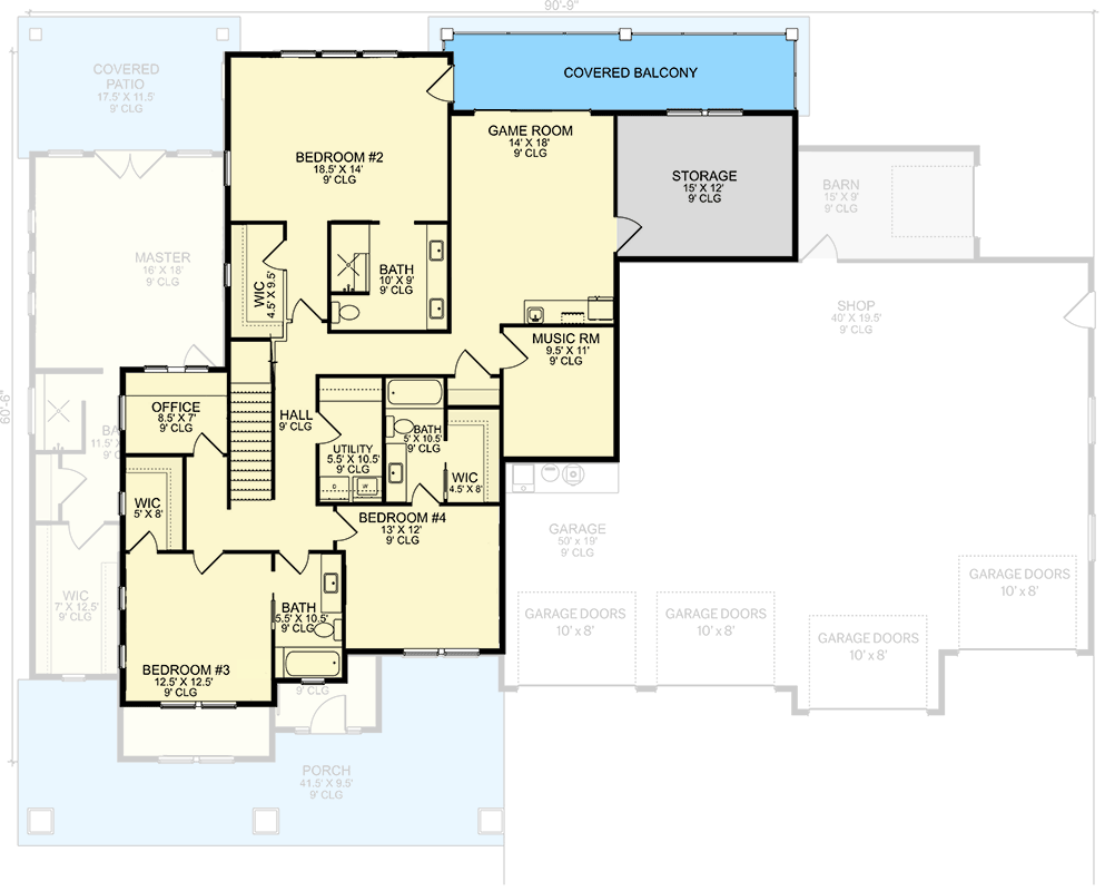 Plan 580082DFT: 2-Story New American Home Plan with 4 Beds and Oversized Garage 4569 Sq Ft - Floor Plan - 2nd Floor - Country, Modern Farmhouse, New American