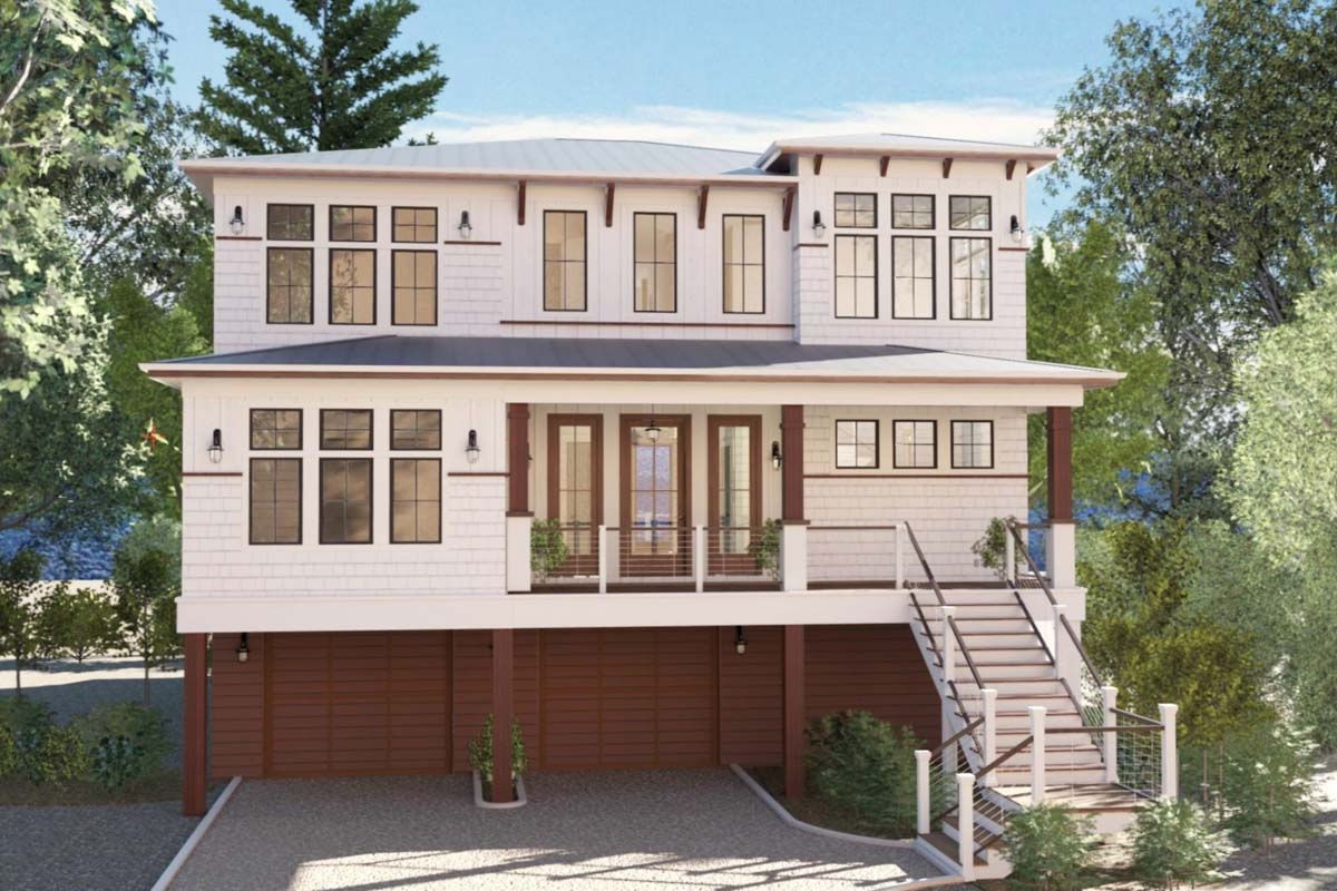 Plan 765053TWN: Elevated House Plan with 4 Beds and an Elevator for ...