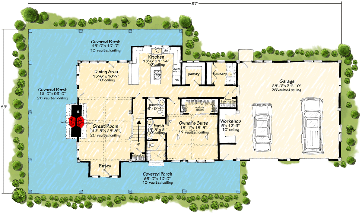 Plan 12977KN: 3-Bedroom Modern Farmhouse Barndominium House Plan with Wrap-Around Porch and 2-Car Garage - Floor Plan - Main Level - Barndominium, Country, Craftsman, Farmhouse, Modern Farmhouse, New American, Traditional