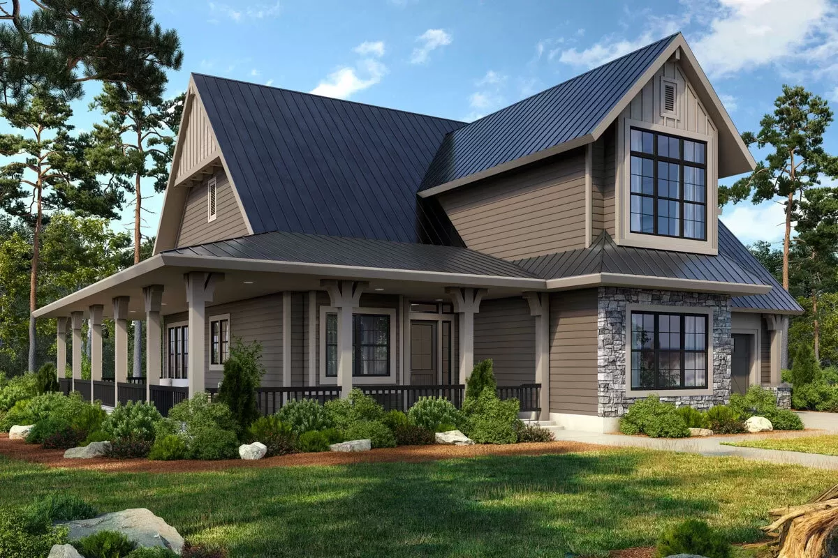 Barndominium-style Home Plan with Two Story Great Room and Wrap Around Porch - 2064 Sq Ft