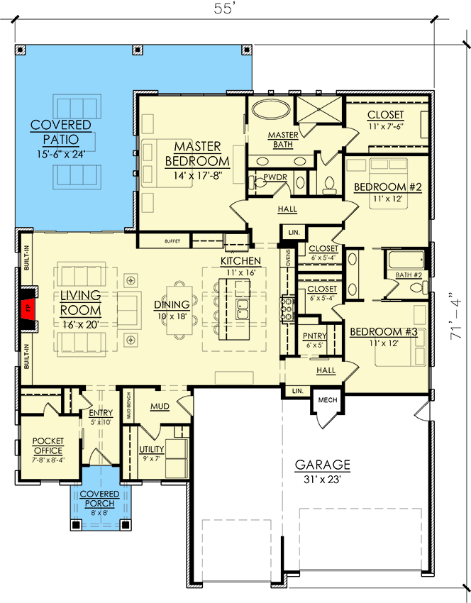 Plan 421559CHD: 3-Bed Traditional Home Plan with Pocket Office and Covered Patio - Floor Plan - Main Level - European, Traditional