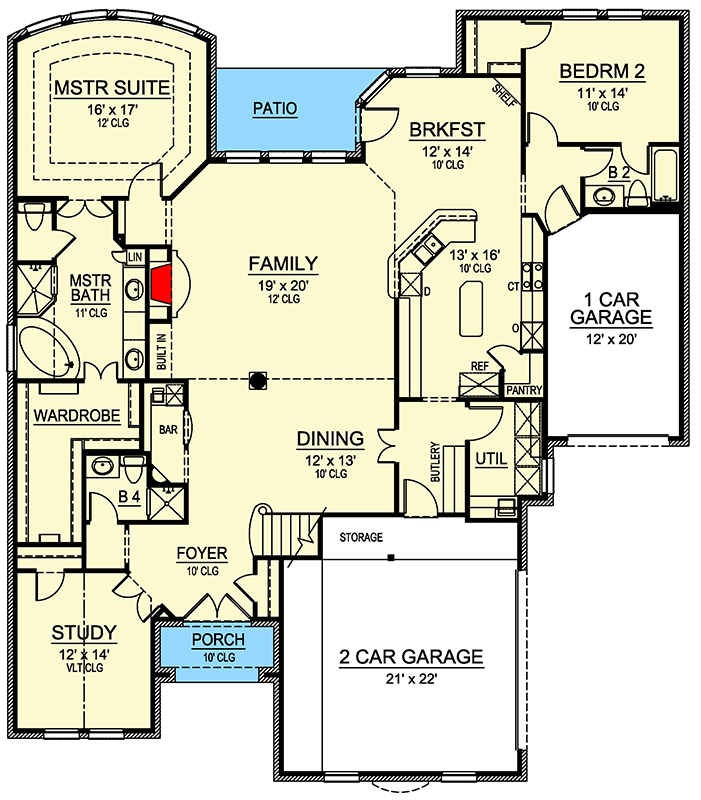 Plan 36305TX: 4-Bed Traditional House Plan with Game Room - 3459 Sq Ft - Floor Plan - Main Level - European, Traditional