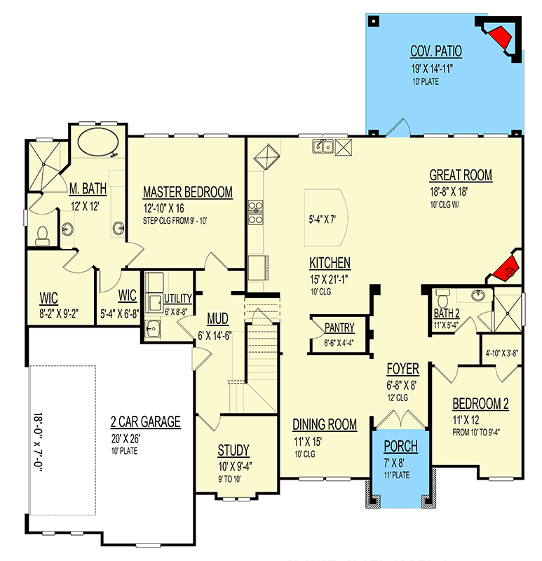 Plan 264183KMD: Stately 4 Bed Traditional House Plan with First-Floor Master Suite and Game Room - Floor Plan - Main Level - Traditional