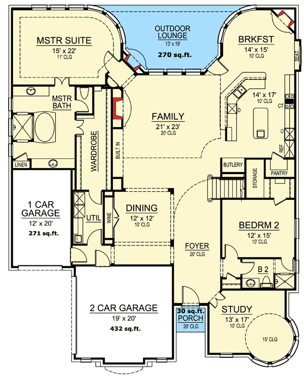 Plan 36410TX: 5 Bed Luxury With Dramatic Study - Floor Plan - Main Level - European