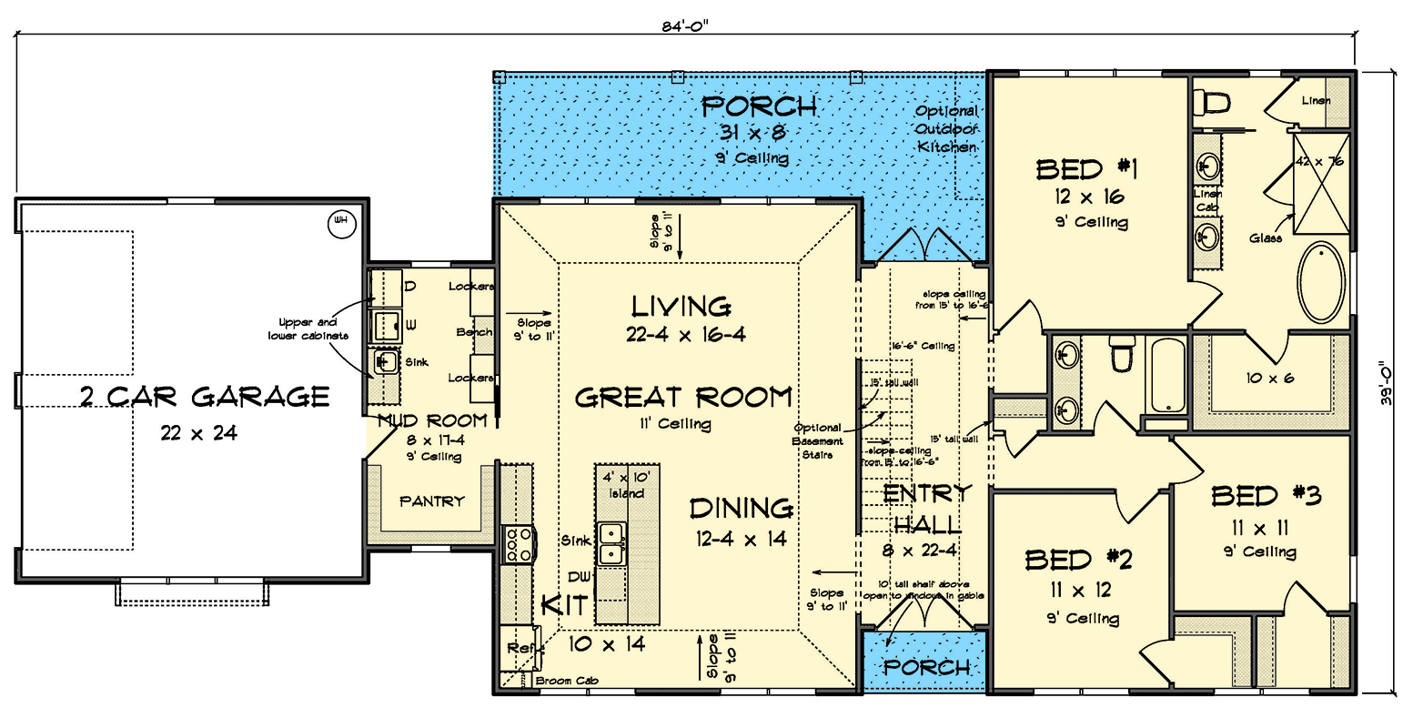 Plan 52360WM: Single Story Traditional Ranch House Plan with 3 Beds - 1938 Sq Ft - Floor Plan - Main Level - Ranch, Traditional