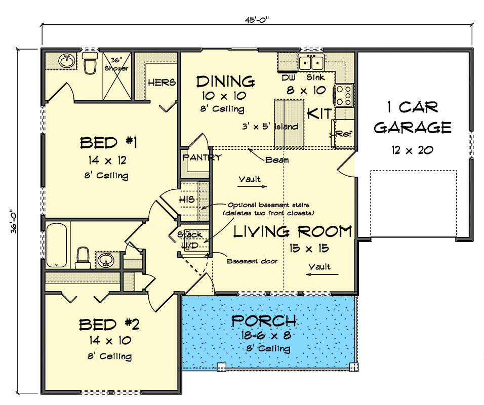 Plan 52363WM: 2-Bed Country Cottage House Plan with Vaulted Living Room ...