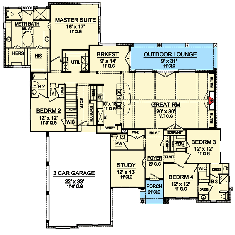 Plan 36432TX: 4-Bed European-style Home Plan with Upstairs Game Room and Two Bonus Rooms - Floor Plan - Main Level - European, Traditional