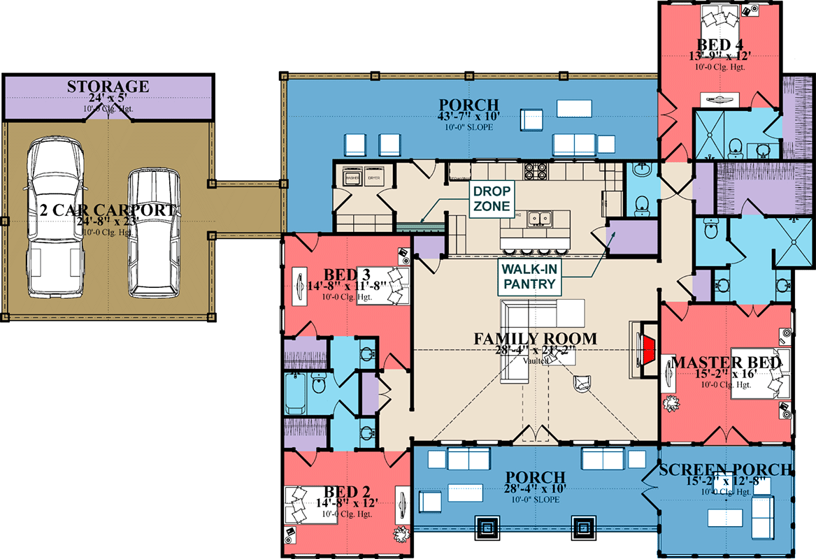 Plan 86406HH: 4-Bed Traditional Country House Plan with Carport - 2455 Sq Ft - Floor Plan - Main Level - Country, Craftsman, Farmhouse, New American, Traditional