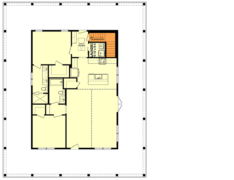 Plan 51968HZ: 2-Bed Modern Farmhouse Barndominium House Plan with Wrap Around Porch - 1408 Sq Ft - Floor Plan - Basement Stairs Location - Barndominium, Country, Farmhouse, Modern Farmhouse