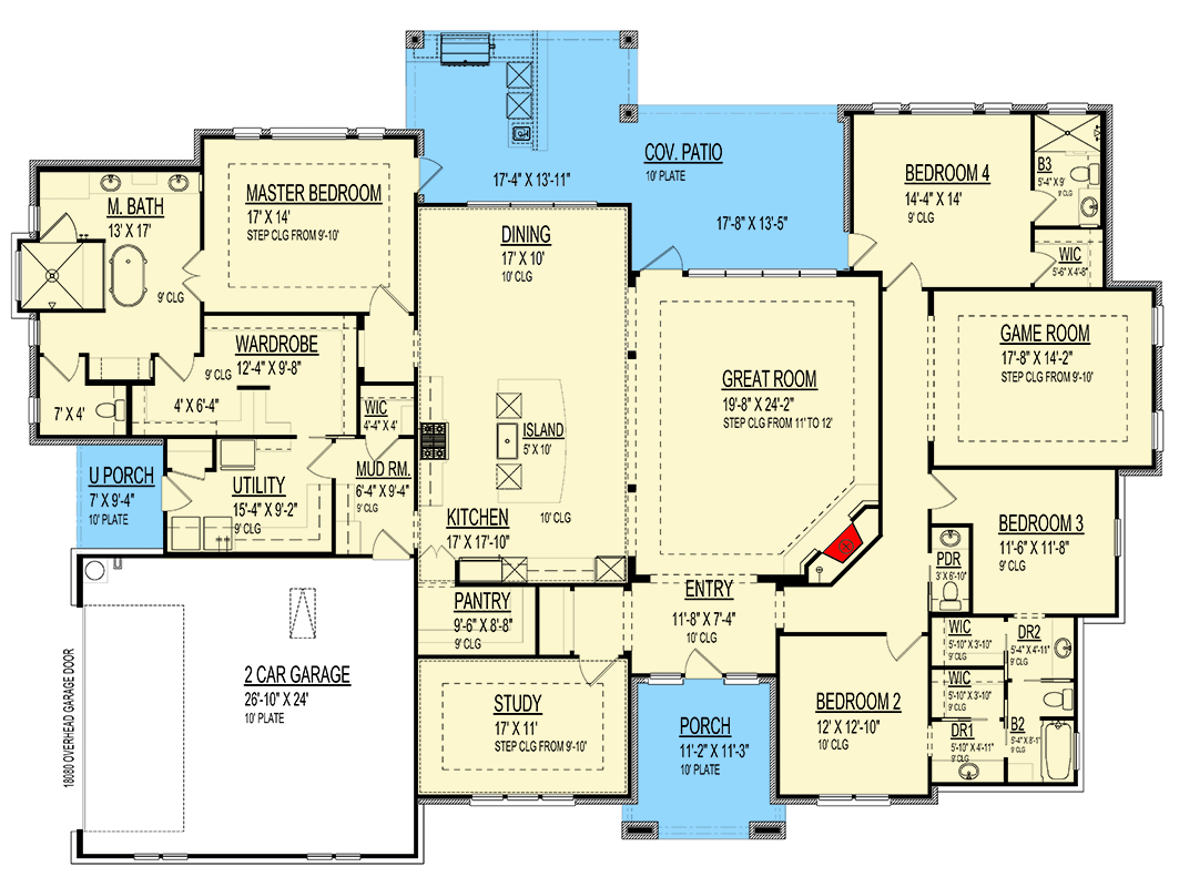 Plan 264216KMD: 4-Bed Ranch House Plan with Jack and Jill Bath - 3730 Sq Ft - Floor Plan - Main Level - Ranch