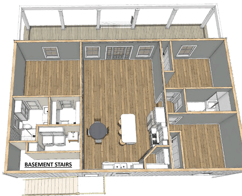 Single-Story Country Farmhouse with 3 Beds - 1416 Sq Ft - 25043DH floor plan - Basement Stairs Location