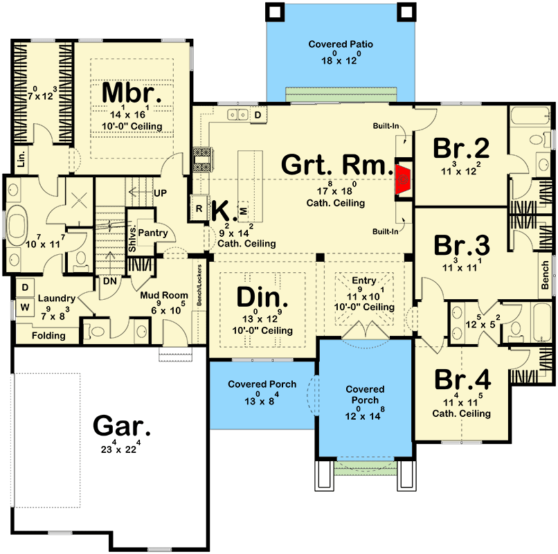 Plan 623428DJ: 4-Bed Modern Cottage House Plan with Optionally Finished Bonus Room - 2315 Sq Ft - Floor Plan - Main Level - Cottage, European, New American, Transitional