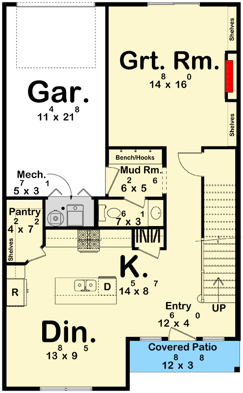 Plan 623438DJ: Two-Story Traditional House Plan Perfect For a Narrow Lot Under 2000 Sq Ft - Floor Plan - Main Level - Country, Traditional