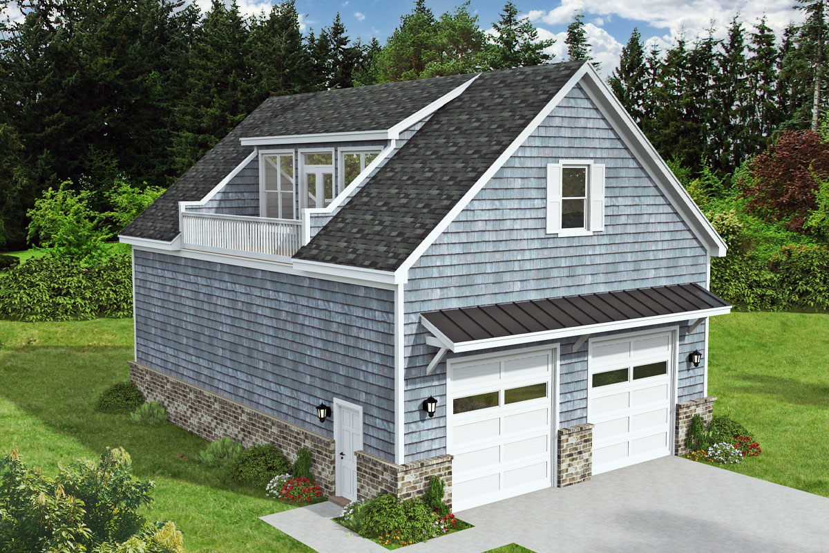 Plan 680444VR — Shingle Carriage w/ Balcony, 898 sq ft (Architectural Designs)